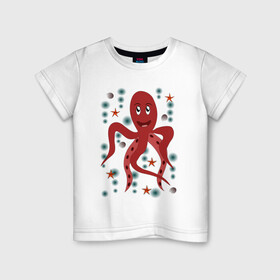 Детская футболка хлопок с принтом Осьминог в Санкт-Петербурге, 100% хлопок | круглый вырез горловины, полуприлегающий силуэт, длина до линии бедер | морская живность | морское чудовище | осьминог | подводный мир | щупальца осьминога