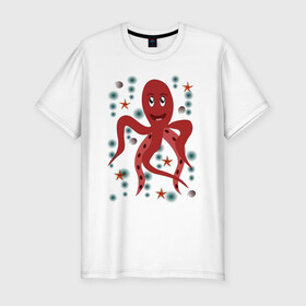 Мужская футболка хлопок Slim с принтом Осьминог в Санкт-Петербурге, 92% хлопок, 8% лайкра | приталенный силуэт, круглый вырез ворота, длина до линии бедра, короткий рукав | морская живность | морское чудовище | осьминог | подводный мир | щупальца осьминога