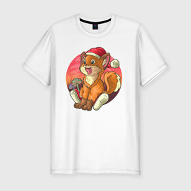 Мужская футболка хлопок Slim с принтом Новогодний лисёнок в Санкт-Петербурге, 92% хлопок, 8% лайкра | приталенный силуэт, круглый вырез ворота, длина до линии бедра, короткий рукав | арт | грибочки | дикое животное | иллюстрация | лисёнок