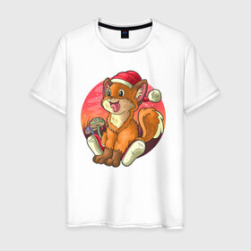 Мужская футболка хлопок с принтом Новогодний лисёнок в Санкт-Петербурге, 100% хлопок | прямой крой, круглый вырез горловины, длина до линии бедер, слегка спущенное плечо. | арт | грибочки | дикое животное | иллюстрация | лисёнок