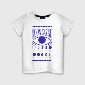 Детская футболка хлопок с принтом Moon Gazing в Санкт-Петербурге, 100% хлопок | круглый вырез горловины, полуприлегающий силуэт, длина до линии бедер | Тематика изображения на принте: астрология | взгляд | глаз | затмения | луна | око | синий | фазы луны