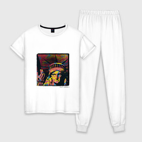 Женская пижама хлопок с принтом Andy Warhol в Санкт-Петербурге, 100% хлопок | брюки и футболка прямого кроя, без карманов, на брюках мягкая резинка на поясе и по низу штанин | знаменитость | картина. | поп арт | статуя свободы | энди уорхол