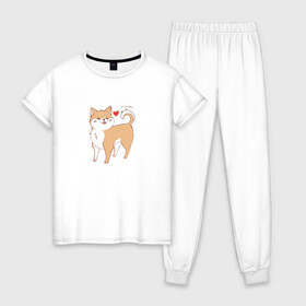 Женская пижама хлопок с принтом Сиба-Ину в Санкт-Петербурге, 100% хлопок | брюки и футболка прямого кроя, без карманов, на брюках мягкая резинка на поясе и по низу штанин | домашнее животное | животное | милая собака | сердечко | сиба ину | собака