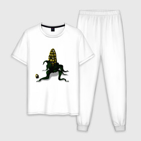 Мужская пижама хлопок с принтом Злая кукуруза в Санкт-Петербурге, 100% хлопок | брюки и футболка прямого кроя, без карманов, на брюках мягкая резинка на поясе и по низу штанин
 | Тематика изображения на принте: еда | кукуруза | овощи | страшное | хоррор