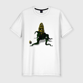 Мужская футболка хлопок Slim с принтом Злая кукуруза в Санкт-Петербурге, 92% хлопок, 8% лайкра | приталенный силуэт, круглый вырез ворота, длина до линии бедра, короткий рукав | еда | кукуруза | овощи | страшное | хоррор