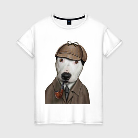 Женская футболка хлопок с принтом Собака Шерлок Холмс в Санкт-Петербурге, 100% хлопок | прямой крой, круглый вырез горловины, длина до линии бедер, слегка спущенное плечо | кепка | собака | трубка | шерлок холмс | щенок