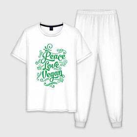 Мужская пижама хлопок с принтом Peace Love Vegan в Санкт-Петербурге, 100% хлопок | брюки и футболка прямого кроя, без карманов, на брюках мягкая резинка на поясе и по низу штанин
 | green | greenpaece | love | nature | peace | sport | vegan | yoga | веган | вегетарианец | гринпис | еда | животные | жизнь | здоровье | зеленый | йога | мир | овощи | пища | планета | природа | растение | спорт | тело | фрукты