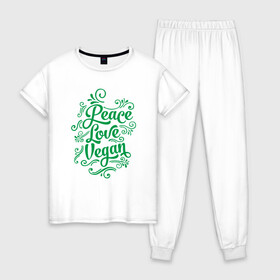 Женская пижама хлопок с принтом Peace Love Vegan в Санкт-Петербурге, 100% хлопок | брюки и футболка прямого кроя, без карманов, на брюках мягкая резинка на поясе и по низу штанин | Тематика изображения на принте: green | greenpaece | love | nature | peace | sport | vegan | yoga | веган | вегетарианец | гринпис | еда | животные | жизнь | здоровье | зеленый | йога | мир | овощи | пища | планета | природа | растение | спорт | тело | фрукты