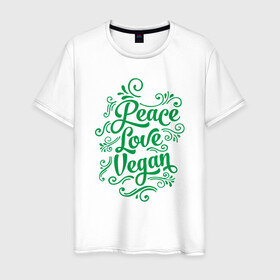 Мужская футболка хлопок с принтом Peace Love Vegan в Санкт-Петербурге, 100% хлопок | прямой крой, круглый вырез горловины, длина до линии бедер, слегка спущенное плечо. | Тематика изображения на принте: green | greenpaece | love | nature | peace | sport | vegan | yoga | веган | вегетарианец | гринпис | еда | животные | жизнь | здоровье | зеленый | йога | мир | овощи | пища | планета | природа | растение | спорт | тело | фрукты