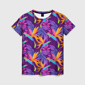 Женская футболка 3D с принтом Тропические листья в Санкт-Петербурге, 100% полиэфир ( синтетическое хлопкоподобное полотно) | прямой крой, круглый вырез горловины, длина до линии бедер | Тематика изображения на принте: абстракция | листья | паттерн | текстуры | тропики | узоры | цветы