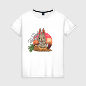 Женская футболка хлопок с принтом Sweet Bunny в Санкт-Петербурге, 100% хлопок | прямой крой, круглый вырез горловины, длина до линии бедер, слегка спущенное плечо | закат | иллюстрация | крольченок | морковь | сладкий кролик