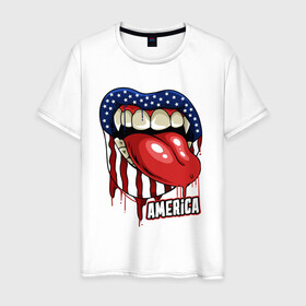 Мужская футболка хлопок с принтом Американский укус в Санкт-Петербурге, 100% хлопок | прямой крой, круглый вырез горловины, длина до линии бедер, слегка спущенное плечо. | америка | вампир | иллюстрация | сша | язык