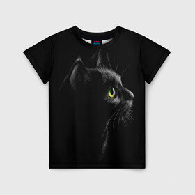 Детская футболка 3D с принтом Черный кот в Санкт-Петербурге, 100% гипоаллергенный полиэфир | прямой крой, круглый вырез горловины, длина до линии бедер, чуть спущенное плечо, ткань немного тянется | Тематика изображения на принте: взгляд | глаза | киса | киска | кот | котик | котяра | профиль | пушистый | усы