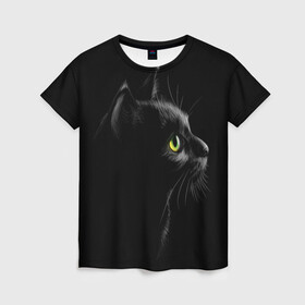 Женская футболка 3D с принтом Черный кот в Санкт-Петербурге, 100% полиэфир ( синтетическое хлопкоподобное полотно) | прямой крой, круглый вырез горловины, длина до линии бедер | взгляд | глаза | киса | киска | кот | котик | котяра | профиль | пушистый | усы
