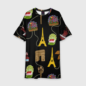 Детское платье 3D с принтом Париж в Санкт-Петербурге, 100% полиэстер | прямой силуэт, чуть расширенный к низу. Круглая горловина, на рукавах — воланы | Тематика изображения на принте: paris | арка | бусы | велик | города | круассан | лето | мулен руж | париж | романтика | сладости | цветы | черный | эйфелева башня | юежевый