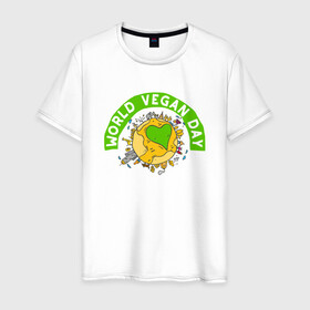 Мужская футболка хлопок с принтом World Vegan Day в Санкт-Петербурге, 100% хлопок | прямой крой, круглый вырез горловины, длина до линии бедер, слегка спущенное плечо. | green | greenpaece | nature | sport | vegan | yoga | веган | вегетарианец | гринпис | еда | животные | жизнь | здоровье | зеленый | йога | мир | овощи | пища | планета | природа | растение | спорт | тело | фрукты