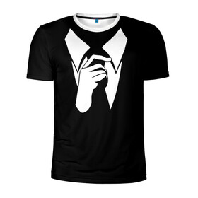 Мужская футболка 3D спортивная с принтом Смокинг | Поправляю галстук в Санкт-Петербурге, 100% полиэстер с улучшенными характеристиками | приталенный силуэт, круглая горловина, широкие плечи, сужается к линии бедра | анонимус. | галстук | люди в чёрном | минимализм | рубашка | строгость