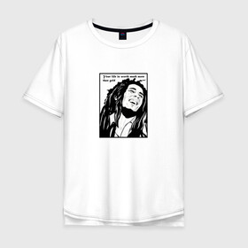 Мужская футболка хлопок Oversize с принтом Боб Марли в Санкт-Петербурге, 100% хлопок | свободный крой, круглый ворот, “спинка” длиннее передней части | вокалист | гитарист | композитор | музыкант | портрет | цитата | черно белое