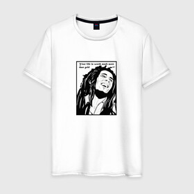 Мужская футболка хлопок с принтом Боб Марли в Санкт-Петербурге, 100% хлопок | прямой крой, круглый вырез горловины, длина до линии бедер, слегка спущенное плечо. | вокалист | гитарист | композитор | музыкант | портрет | цитата | черно белое