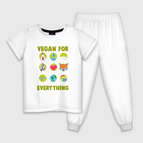 Детская пижама хлопок с принтом Vegan For Everything в Санкт-Петербурге, 100% хлопок |  брюки и футболка прямого кроя, без карманов, на брюках мягкая резинка на поясе и по низу штанин
 | Тематика изображения на принте: green | greenpaece | nature | sport | vegan | yoga | веган | вегетарианец | гринпис | еда | животные | жизнь | здоровье | зеленый | йога | мир | овощи | пища | планета | природа | растение | спорт | тело | фрукты