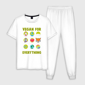 Мужская пижама хлопок с принтом Vegan For Everything в Санкт-Петербурге, 100% хлопок | брюки и футболка прямого кроя, без карманов, на брюках мягкая резинка на поясе и по низу штанин
 | Тематика изображения на принте: green | greenpaece | nature | sport | vegan | yoga | веган | вегетарианец | гринпис | еда | животные | жизнь | здоровье | зеленый | йога | мир | овощи | пища | планета | природа | растение | спорт | тело | фрукты