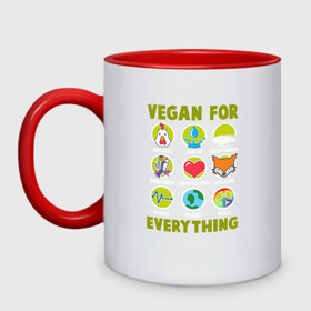 Кружка двухцветная с принтом Vegan For Everything в Санкт-Петербурге, керамика | объем — 330 мл, диаметр — 80 мм. Цветная ручка и кайма сверху, в некоторых цветах — вся внутренняя часть | green | greenpaece | nature | sport | vegan | yoga | веган | вегетарианец | гринпис | еда | животные | жизнь | здоровье | зеленый | йога | мир | овощи | пища | планета | природа | растение | спорт | тело | фрукты