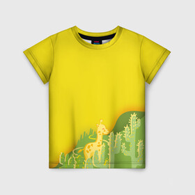 Детская футболка 3D с принтом Милый жираф в кактусах в Санкт-Петербурге, 100% гипоаллергенный полиэфир | прямой крой, круглый вырез горловины, длина до линии бедер, чуть спущенное плечо, ткань немного тянется | животные | жираф | кактусы | лето | листва | милые | мультик | солнечный | яркий