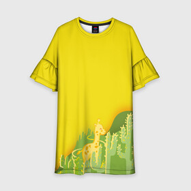 Детское платье 3D с принтом Милый жираф в кактусах в Санкт-Петербурге, 100% полиэстер | прямой силуэт, чуть расширенный к низу. Круглая горловина, на рукавах — воланы | Тематика изображения на принте: животные | жираф | кактусы | лето | листва | милые | мультик | солнечный | яркий