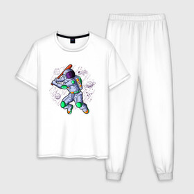 Мужская пижама хлопок с принтом Астробол в Санкт-Петербурге, 100% хлопок | брюки и футболка прямого кроя, без карманов, на брюках мягкая резинка на поясе и по низу штанин
 | астронавт | бейсбол | бита | звёзды | иллюстрация