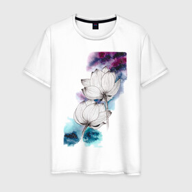 Мужская футболка хлопок с принтом Лотосы и космос в Санкт-Петербурге, 100% хлопок | прямой крой, круглый вырез горловины, длина до линии бедер, слегка спущенное плечо. | акварель | галактика | графика | звезды | космос | лотосы | цветы
