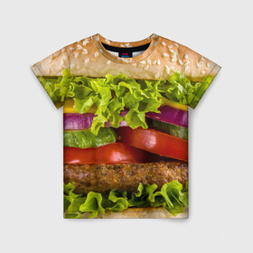 Детская футболка 3D с принтом Бургер в Санкт-Петербурге, 100% гипоаллергенный полиэфир | прямой крой, круглый вырез горловины, длина до линии бедер, чуть спущенное плечо, ткань немного тянется | биг мак | бигмак | бургер | мясо | салат | чизбургер