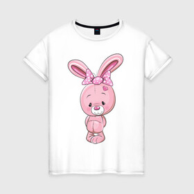 Женская футболка хлопок с принтом Плюшевый зайка в Санкт-Петербурге, 100% хлопок | прямой крой, круглый вырез горловины, длина до линии бедер, слегка спущенное плечо | бант | бантик | животное | зайка | зайчик | заяц | зверь | кролик | сердечко | сердце | уши