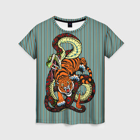 Женская футболка 3D с принтом Тигры Змея Полосы в Санкт-Петербурге, 100% полиэфир ( синтетическое хлопкоподобное полотно) | прямой крой, круглый вырез горловины, длина до линии бедер | beast | fight | snake | tiger | борьба | животные | звери | змеи | зубы | когти | кошки | полосатый | полосы | тигры | узор