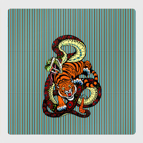 Магнитный плакат 3Х3 с принтом Тигры Змея Полосы в Санкт-Петербурге, Полимерный материал с магнитным слоем | 9 деталей размером 9*9 см | beast | fight | snake | tiger | борьба | животные | звери | змеи | зубы | когти | кошки | полосатый | полосы | тигры | узор