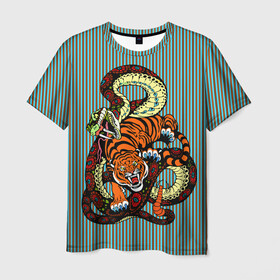 Мужская футболка 3D с принтом Тигры Змея Полосы в Санкт-Петербурге, 100% полиэфир | прямой крой, круглый вырез горловины, длина до линии бедер | beast | fight | snake | tiger | борьба | животные | звери | змеи | зубы | когти | кошки | полосатый | полосы | тигры | узор