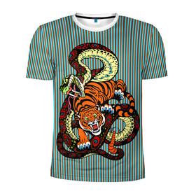 Мужская футболка 3D спортивная с принтом Тигры Змея Полосы в Санкт-Петербурге, 100% полиэстер с улучшенными характеристиками | приталенный силуэт, круглая горловина, широкие плечи, сужается к линии бедра | beast | fight | snake | tiger | борьба | животные | звери | змеи | зубы | когти | кошки | полосатый | полосы | тигры | узор
