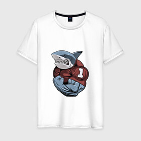 Мужская футболка хлопок с принтом Акула в Санкт-Петербурге, 100% хлопок | прямой крой, круглый вырез горловины, длина до линии бедер, слегка спущенное плечо. | акула | бодибилдер | зубы | морской | первое место | первый | рыба | хищник