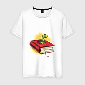 Мужская футболка хлопок с принтом Книжный червь в Санкт-Петербурге, 100% хлопок | прямой крой, круглый вырез горловины, длина до линии бедер, слегка спущенное плечо. | бумага | книга | книжный червь | обложка | червь | червяк