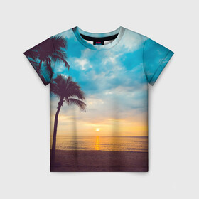 Детская футболка 3D с принтом Пейзаж в Санкт-Петербурге, 100% гипоаллергенный полиэфир | прямой крой, круглый вырез горловины, длина до линии бедер, чуть спущенное плечо, ткань немного тянется | америка | закат | летний | лето | майами | море | пальмы | пейзаж | пляж | рассвет
