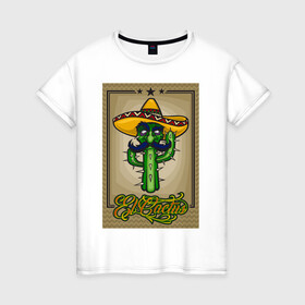 Женская футболка хлопок с принтом El Cactus - Кактус Мексиканец в Санкт-Петербурге, 100% хлопок | прямой крой, круглый вырез горловины, длина до линии бедер, слегка спущенное плечо | cactus | green | humour | mexico | mustache | sand | vegan | vegetable | vegetarian | арт | жара | кактус | комикс | лето | мексика | персонаж | пустыня | сомбреро | усы