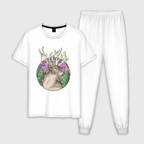 Мужская пижама хлопок с принтом Рудольф в Санкт-Петербурге, 100% хлопок | брюки и футболка прямого кроя, без карманов, на брюках мягкая резинка на поясе и по низу штанин
 | Тематика изображения на принте: дикое животное | животные | иллюстрация | оленёнок | рудольф