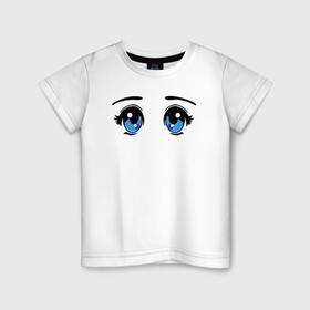 Детская футболка хлопок с принтом Глазки аниме в Санкт-Петербурге, 100% хлопок | круглый вырез горловины, полуприлегающий силуэт, длина до линии бедер | anime | baby | blue | cartoon | cute | emoji | emotion | eyes | face | kawaii | аниме | большие глаза | брови | взгляд | глаза | глазки | голубые глаза | детям | зрачок | каваи | кавайный | лицо | малыш | милый взгляд | мультяшный | очи
