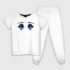 Детская пижама хлопок с принтом Глазки аниме в Санкт-Петербурге, 100% хлопок |  брюки и футболка прямого кроя, без карманов, на брюках мягкая резинка на поясе и по низу штанин
 | anime | baby | blue | cartoon | cute | emoji | emotion | eyes | face | kawaii | аниме | большие глаза | брови | взгляд | глаза | глазки | голубые глаза | детям | зрачок | каваи | кавайный | лицо | малыш | милый взгляд | мультяшный | очи