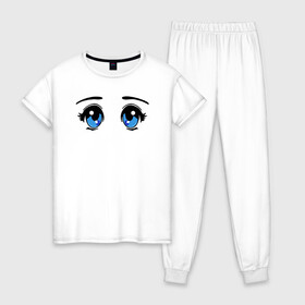 Женская пижама хлопок с принтом Глазки аниме в Санкт-Петербурге, 100% хлопок | брюки и футболка прямого кроя, без карманов, на брюках мягкая резинка на поясе и по низу штанин | anime | baby | blue | cartoon | cute | emoji | emotion | eyes | face | kawaii | аниме | большие глаза | брови | взгляд | глаза | глазки | голубые глаза | детям | зрачок | каваи | кавайный | лицо | малыш | милый взгляд | мультяшный | очи