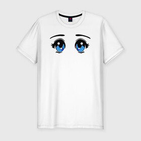 Мужская футболка хлопок Slim с принтом Глазки аниме в Санкт-Петербурге, 92% хлопок, 8% лайкра | приталенный силуэт, круглый вырез ворота, длина до линии бедра, короткий рукав | anime | baby | blue | cartoon | cute | emoji | emotion | eyes | face | kawaii | аниме | большие глаза | брови | взгляд | глаза | глазки | голубые глаза | детям | зрачок | каваи | кавайный | лицо | малыш | милый взгляд | мультяшный | очи