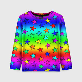 Детский лонгслив 3D с принтом Радужные звезды в Санкт-Петербурге, 100% полиэстер | длинные рукава, круглый вырез горловины, полуприлегающий силуэт
 | baby | children | girl | gradient | kids | neon | rainbow | space | stars | градиент | девчачие | девчачье | детские | детский рисунок | звездочки | звезды | космос | красочные | малышам | неоновые | ночные | радуга | разноцветные