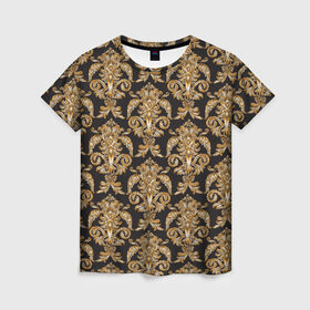 Женская футболка 3D с принтом золотые узоры в Санкт-Петербурге, 100% полиэфир ( синтетическое хлопкоподобное полотно) | прямой крой, круглый вырез горловины, длина до линии бедер | versace | абстракция | версаче | золотые узоры | паттерн | текстуры | узоры