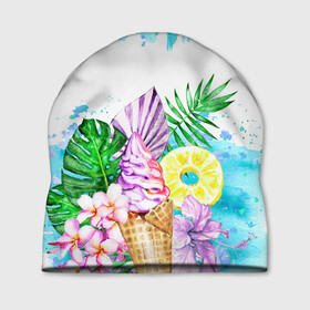 Шапка 3D с принтом Тропический рай с мороженым в Санкт-Петербурге, 100% полиэстер | универсальный размер, печать по всей поверхности изделия | акварель | ананас | жаркие страны | летный отдых | лето | листья | море | мороженое | отдых | растения | сладости | тропики | тропический рай | цветы | экзотика