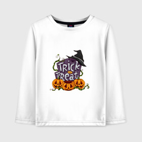 Детский лонгслив хлопок с принтом Trick or treat в Санкт-Петербурге, 100% хлопок | круглый вырез горловины, полуприлегающий силуэт, длина до линии бедер | trick or treat | кошелек или жизнь | надгробие | плющ | растение | тыква | хэллоуин | шляпа