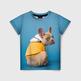 Детская футболка 3D с принтом Собачка на стиле в Санкт-Петербурге, 100% гипоаллергенный полиэфир | прямой крой, круглый вырез горловины, длина до линии бедер, чуть спущенное плечо, ткань немного тянется | Тематика изображения на принте: dog | модель | песик | позирует | собака | фотосессия